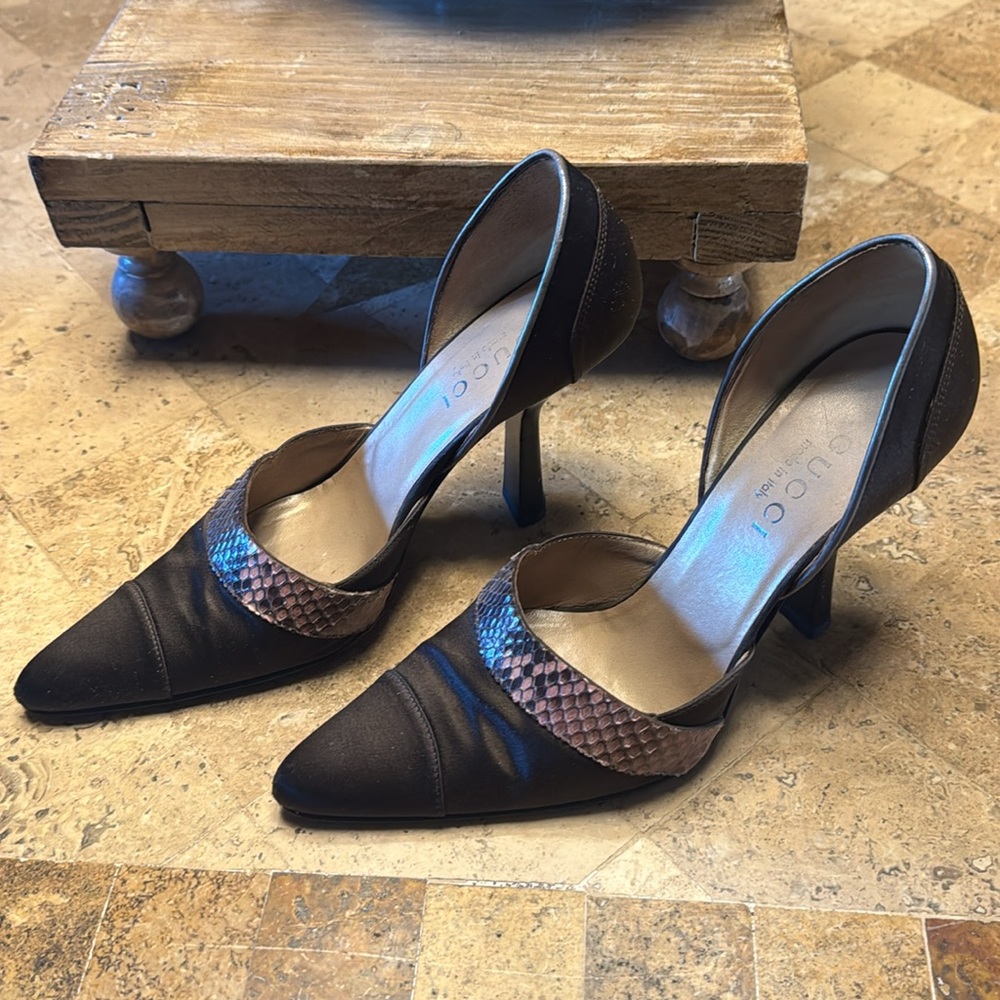 Vintage Gucci Brown Satin Hell With Python Detail - image 2